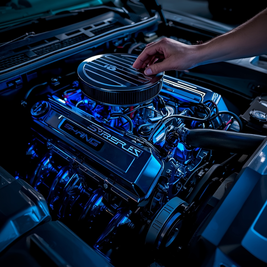 Mechanic hands working on a high-performance V8 engine with blue lighting, detailed, macro shot, photorealistic, no people